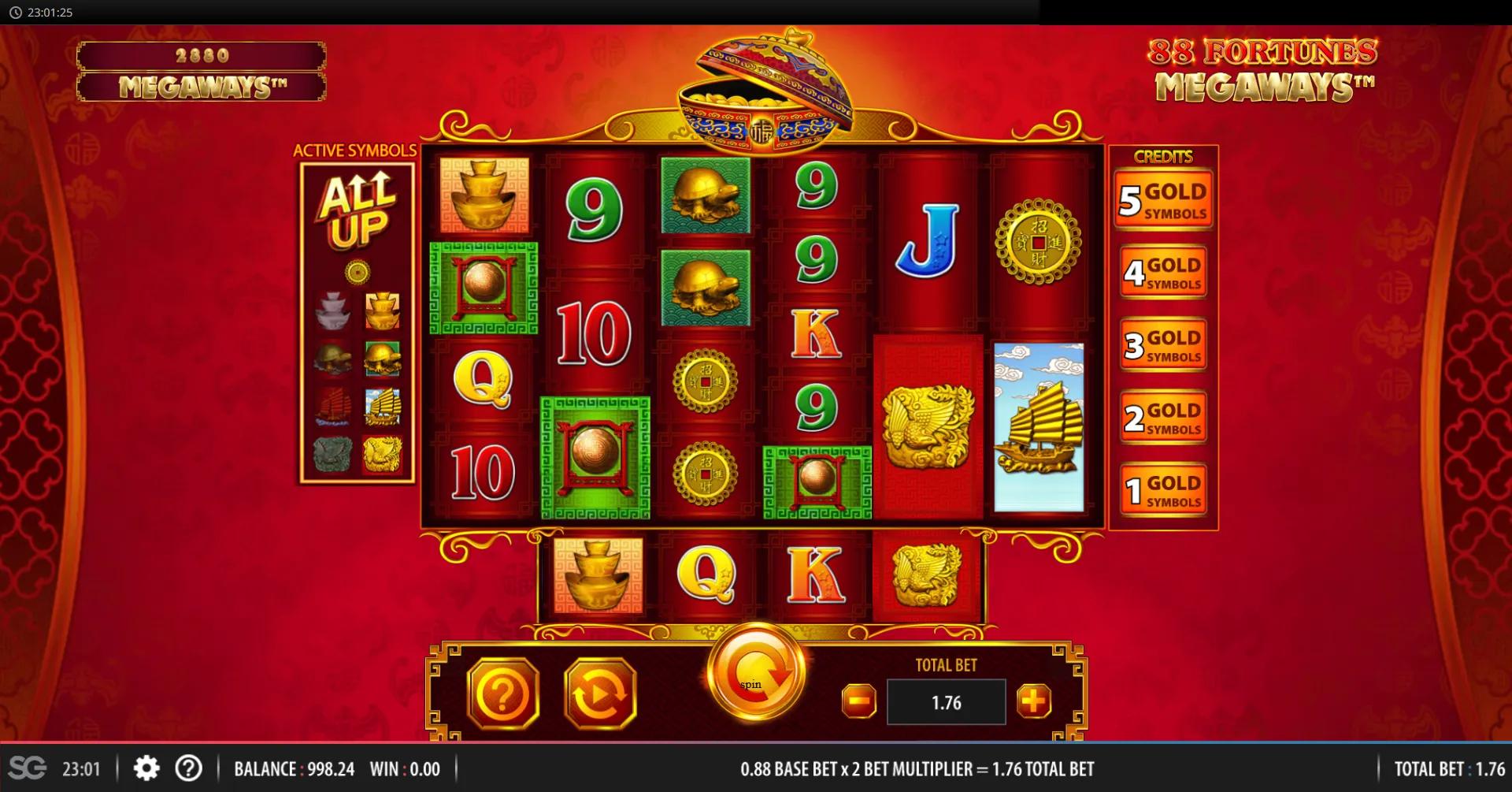 88 Fortunes Megaways gameplay: six-reel grid with horizontal bottom reel and Active Symbols Gold selector on the left side.