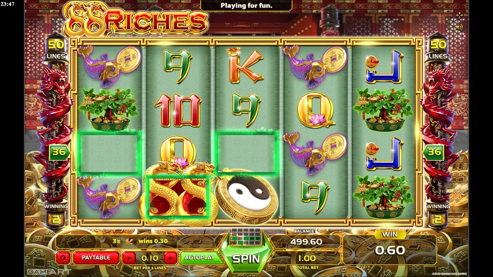 88 Riches slot gameplay showing the 5x3 reels with golden 88 coins, a money tree, an ingot and yin-yang symbols