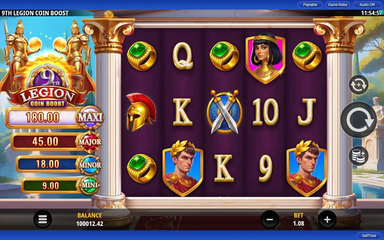 9th Legion Coin Boost slot 5x3 reels in a marble temple with the Maxi Major Minor Mini jackpot plaque lit at left