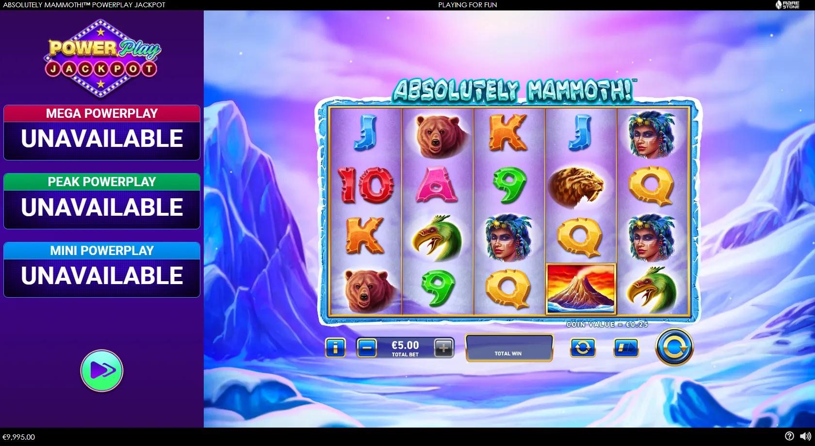 Absolutely Mammoth gameplay showing 5x4 grid with stacked mammoth, saber-toothed tiger and shaman symbols on 1024 ways