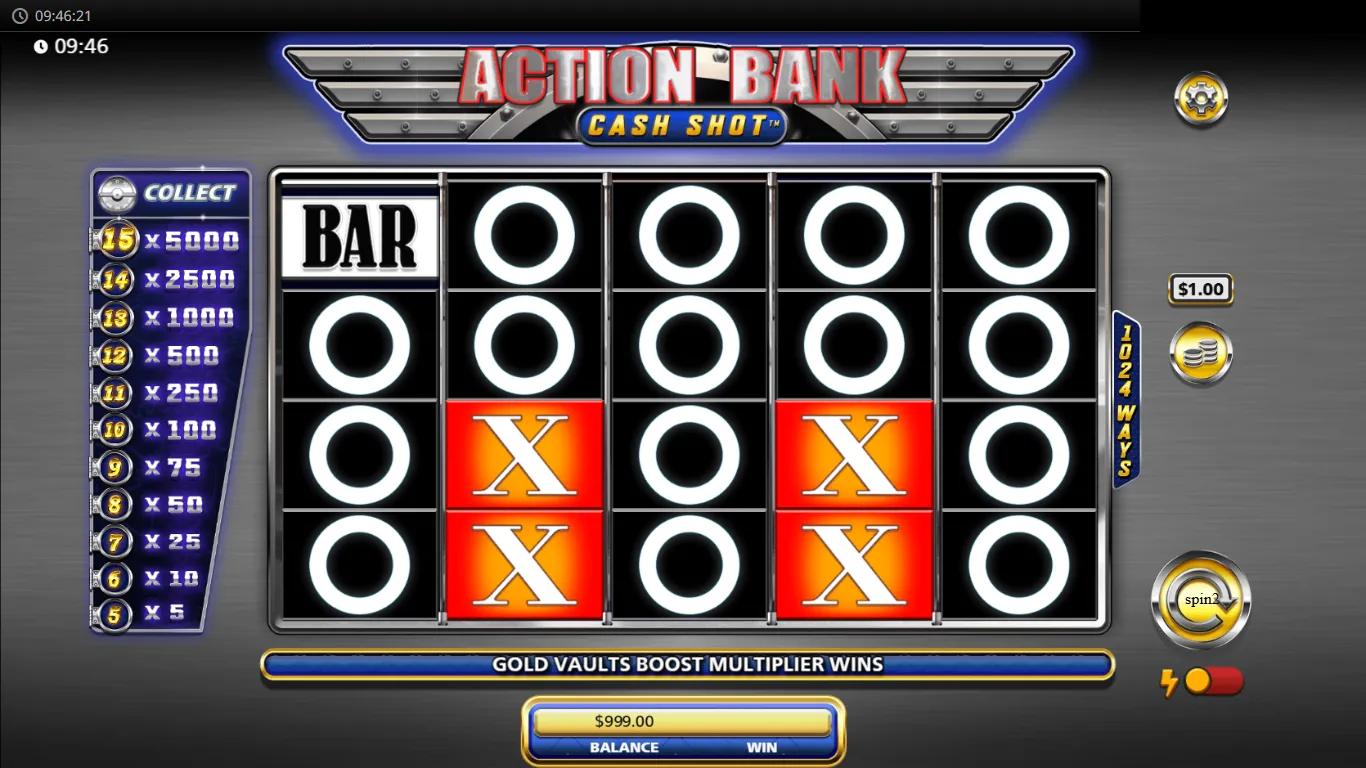 Action Bank Cash Shot 5x4 grid with chrome vault frame, X and 7 symbols, and 5x-5000x multiplier trail down the left edge