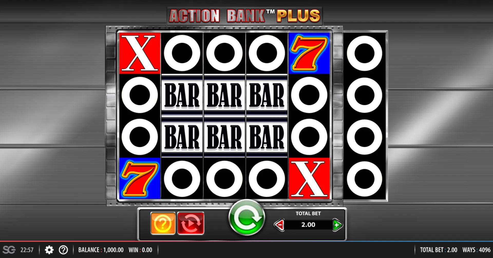 Action Bank Plus gameplay: 6x4 reels with split 6th column of four mini-reels showing BAR, 7, X, O symbols in a steel vault.