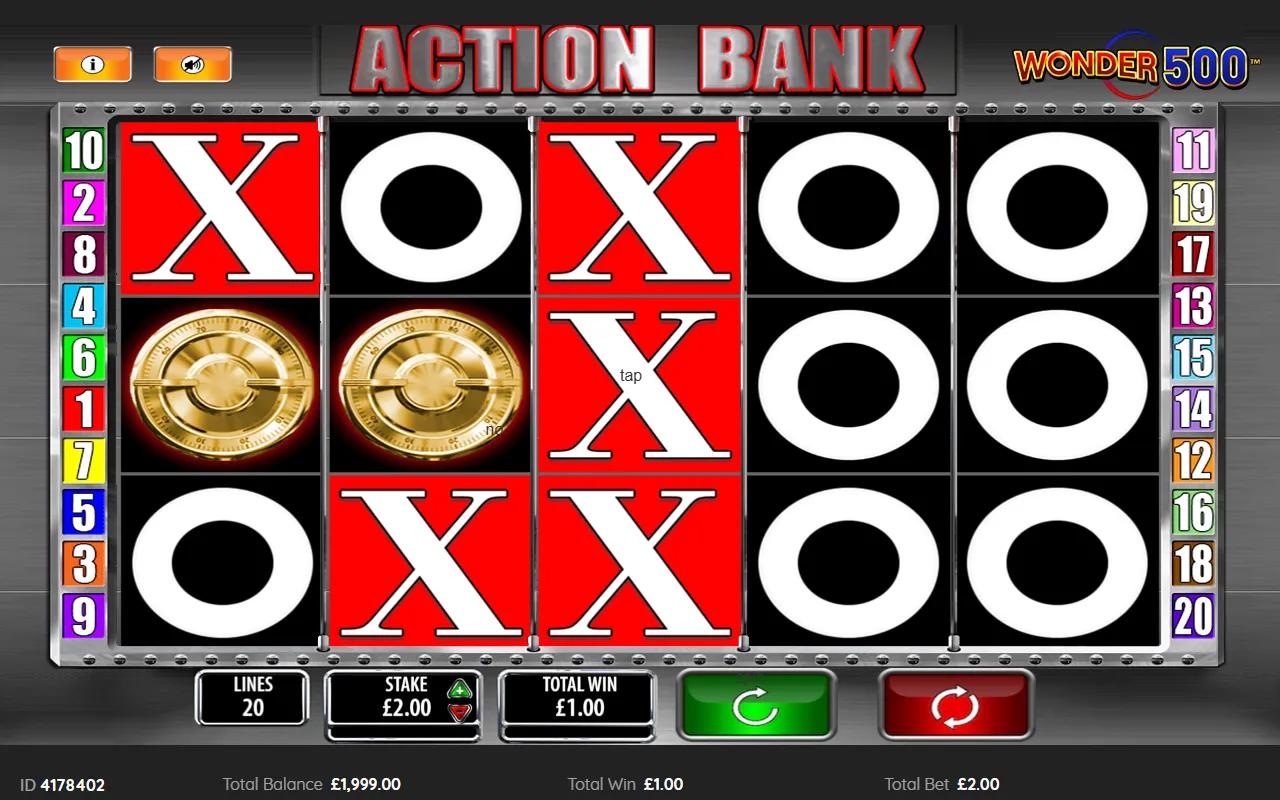 Action Bank Wonder 500 slot showing 5x3 grid with 7/BAR/X/O symbols and gold VAULT scatter on the reels