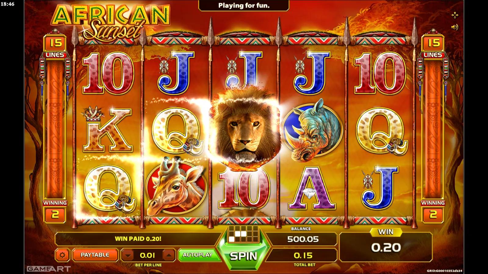 African Sunset slot gameplay showing the 5x3 savanna grid with lion, rhino, giraffe, zebra and acacia tree symbols