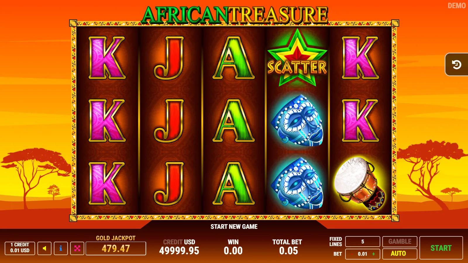 African Treasure slot gameplay showing 5x3 savanna grid with Africa-map wild, green star scatter and 5 paylines