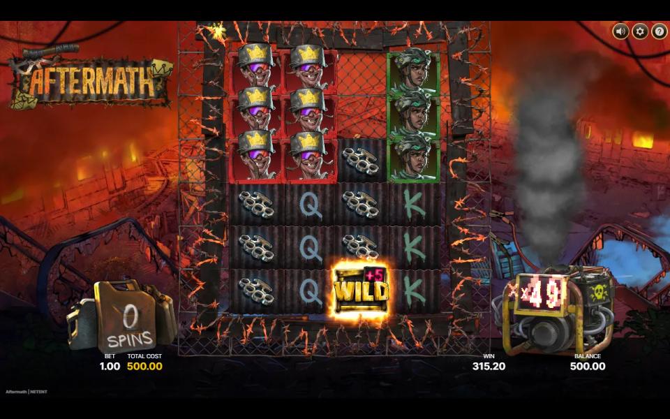 Last Super Bonus Spin in Aftermath with a Crowned Leader block highlighted, a Wild worth +5 and the meter on x49