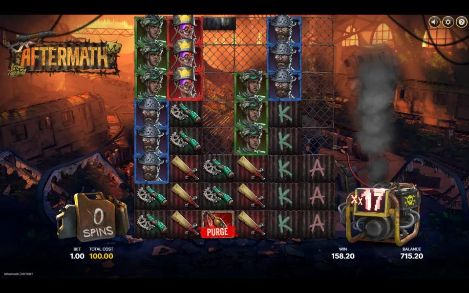 Final spin of the 100x Bonus Spins in Aftermath with the play area opened to its full 6x8, a Purge symbol on reel 3 and the meter at x17
