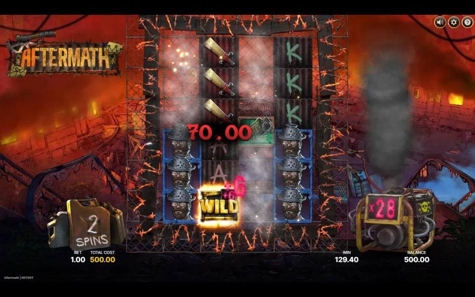 Super Bonus Spins in Aftermath with two spins left, a Wild adding +6 to a meter on x28 and a 70.00 win over boxed Colander Man columns