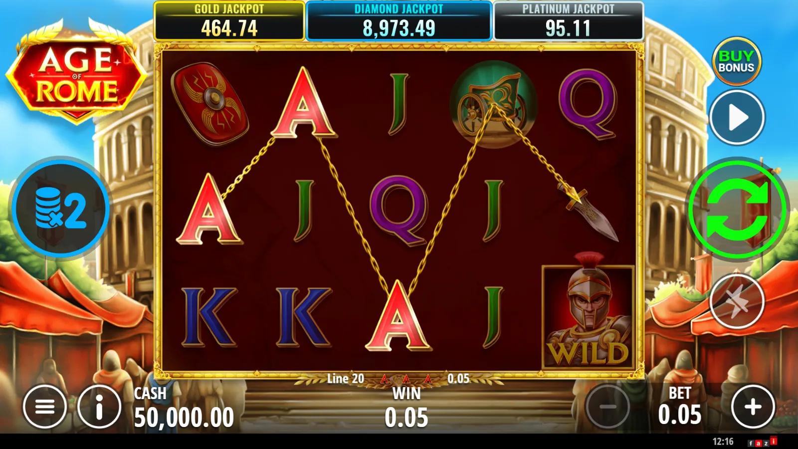Age of Rome slot gameplay showing 5x3 Roman grid with legionary multiplier Wild, Colosseum and Caesar Bonus coin