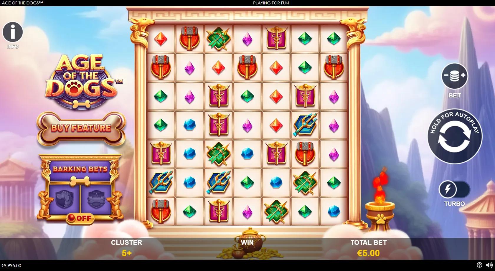 Age of the Dogs slot gameplay showing 7x7 cluster grid with dog-god symbols, gems and Buy Feature