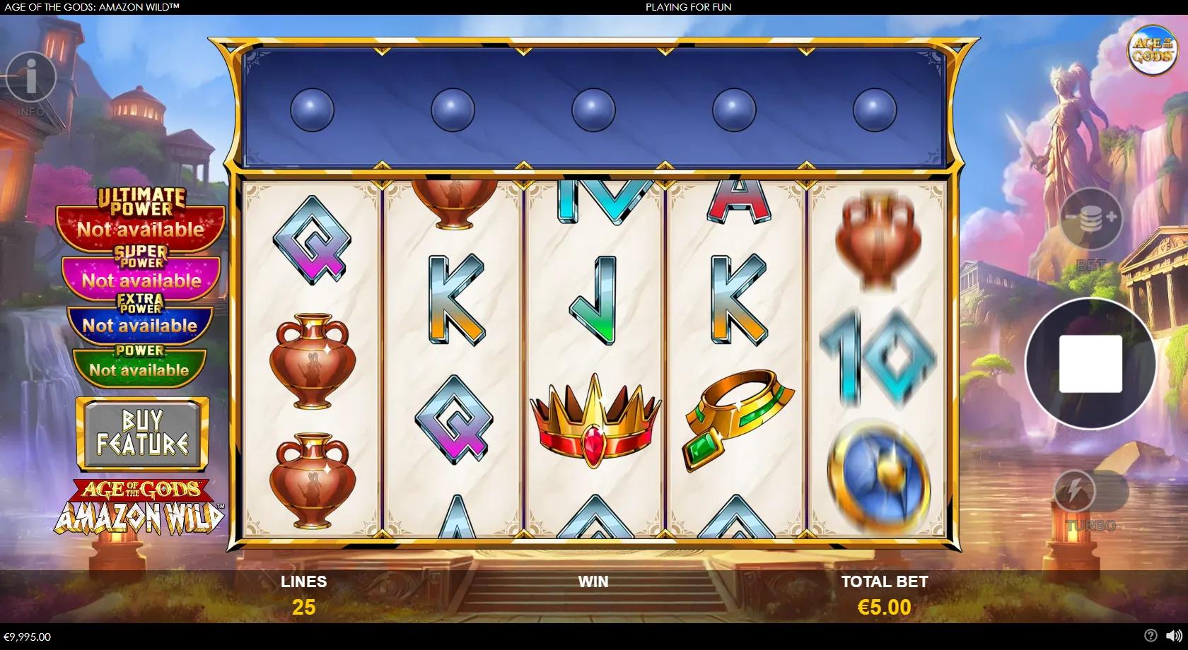 Age of the Gods Amazon Wild slot: 5x3 grid with the Amazon warrior queen, power-up orb row and four progressive jackpots