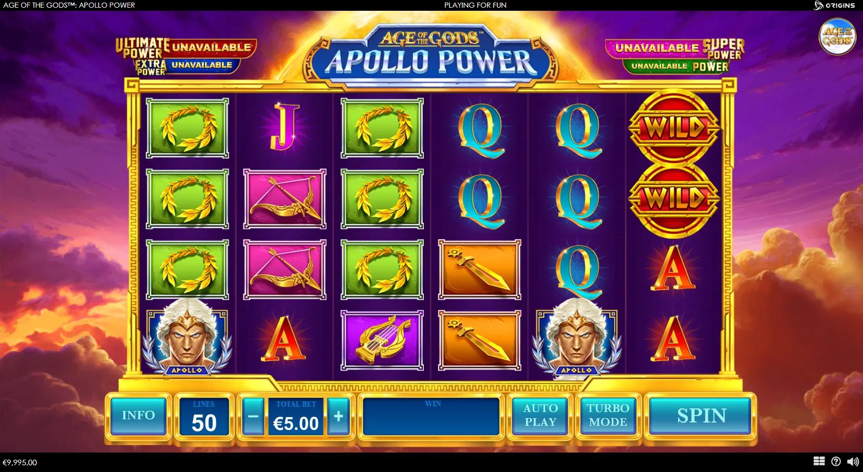 Age of the Gods Apollo Power gameplay showing 6x4 grid with Apollo, sword, lyre and red WILD medallions on 50 lines
