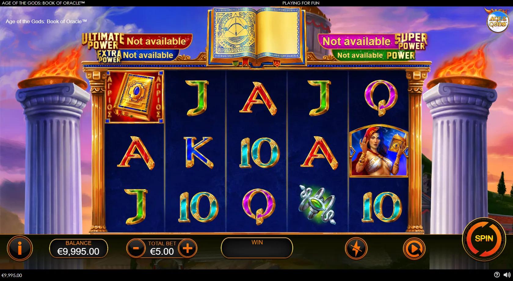 Age of the Gods Book of Oracle gameplay showing 5x3 grid with the Book, Oracle priestess and Apollo symbols on 10 paylines