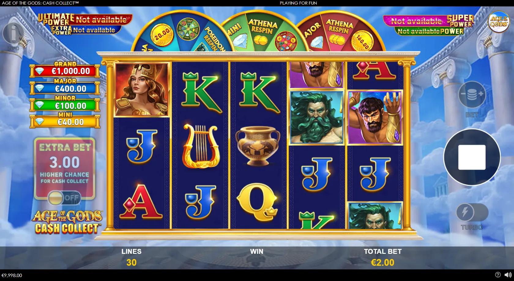 Age of the Gods Cash Collect slot gameplay showing a 5x3 Olympus temple grid with Zeus, Poseidon and Athena symbols, Cash Collect coins, bonus wheels and progressive jackpots