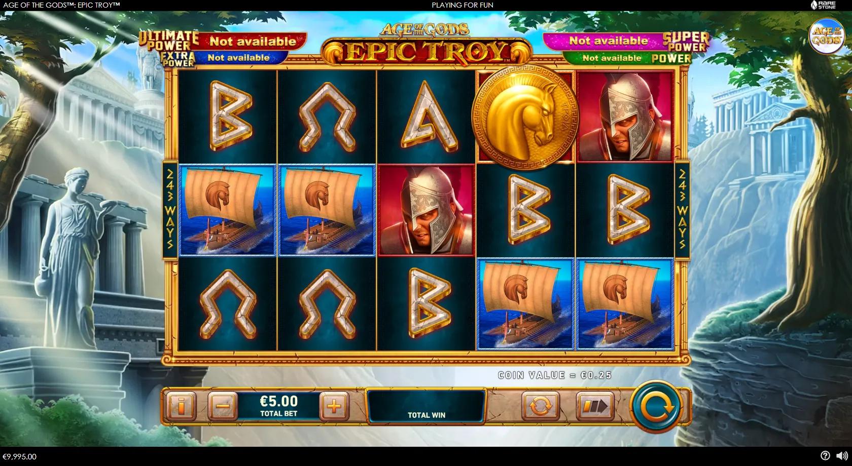 Age of the Gods Epic Troy slot gameplay showing 5x3 grid with Helen, Paris, Achilles and Trojan ship symbols on 243 ways
