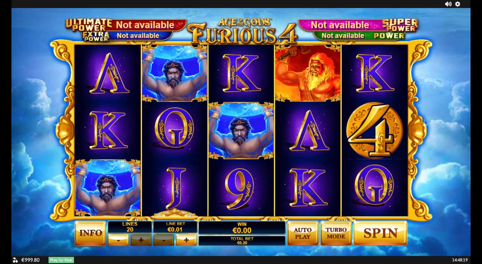 Age of the Gods Furious 4 gameplay showing 5x3 grid with Atlas, Apollo, Pandora and Vulcan god symbols on 20 lines