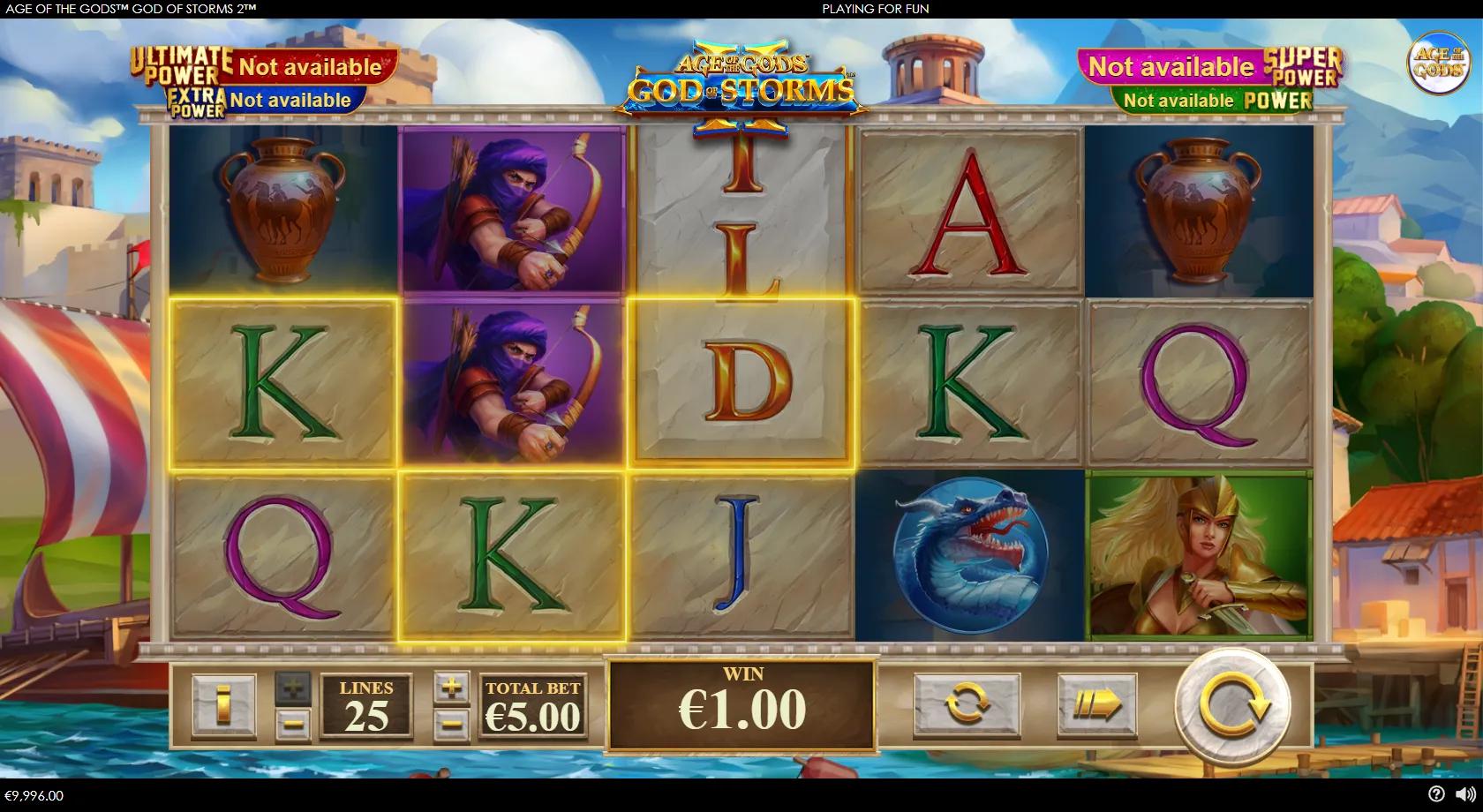 Age of the Gods: God of Storms 2 gameplay showing a 5x3 Greek reel set with a stacked ship wild and four jackpots
