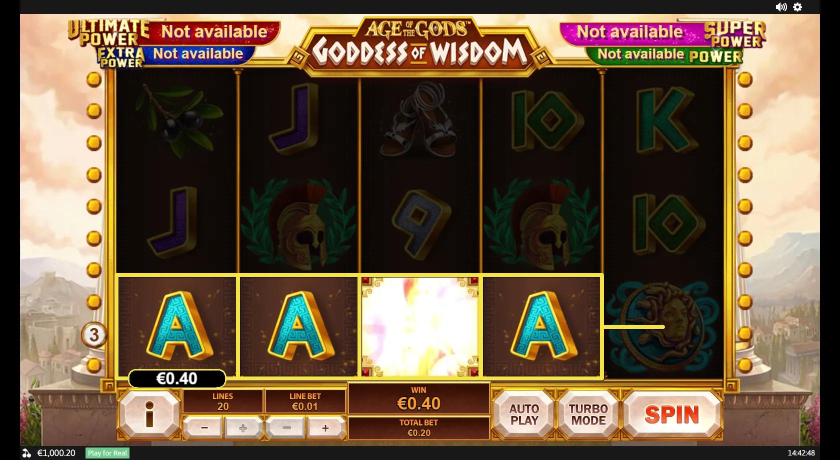 Age of the Gods Goddess of Wisdom gameplay showing 5x3 grid with Athena expanding wild, owl scatter and Greek symbols on 20 lines