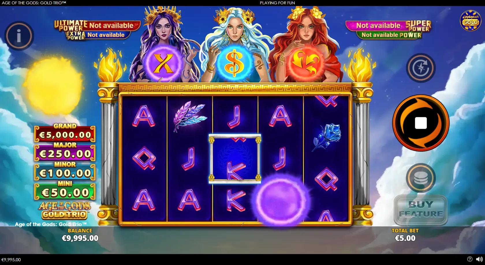 Age of the Gods Gold Trio slot: 5x3 Greek-temple grid with three goddesses, coloured coins and progressive jackpots