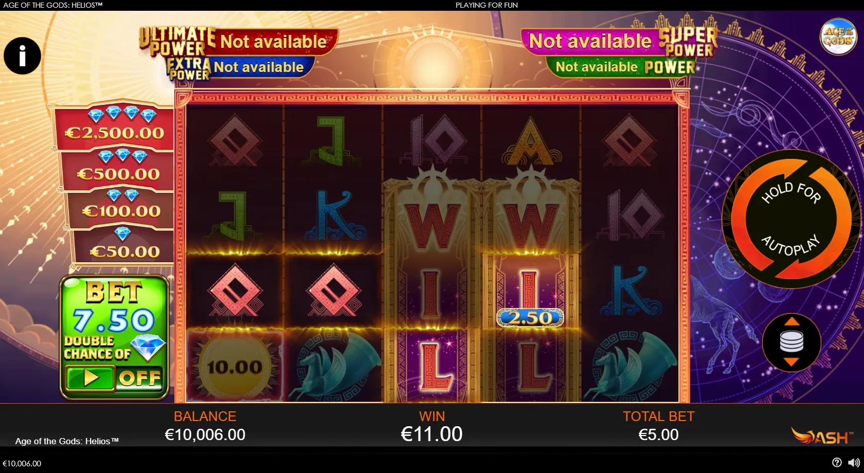 Age of the Gods Helios gameplay showing 5x4 sun-temple reels with a stacked Wild and four progressive jackpots