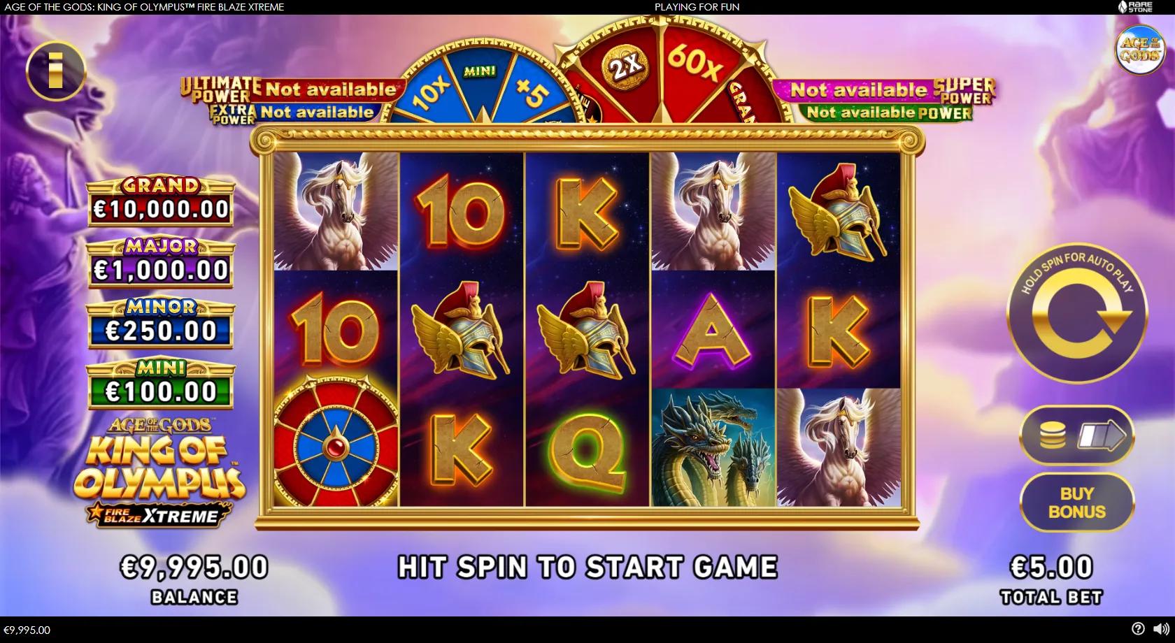 Age of the Gods King of Olympus Fire Blaze Xtreme slot gameplay showing a 5x3 Olympus grid with Zeus, Pegasus and Hydra symbols, Fire Blaze coins, jackpot wheels and progressive jackpots
