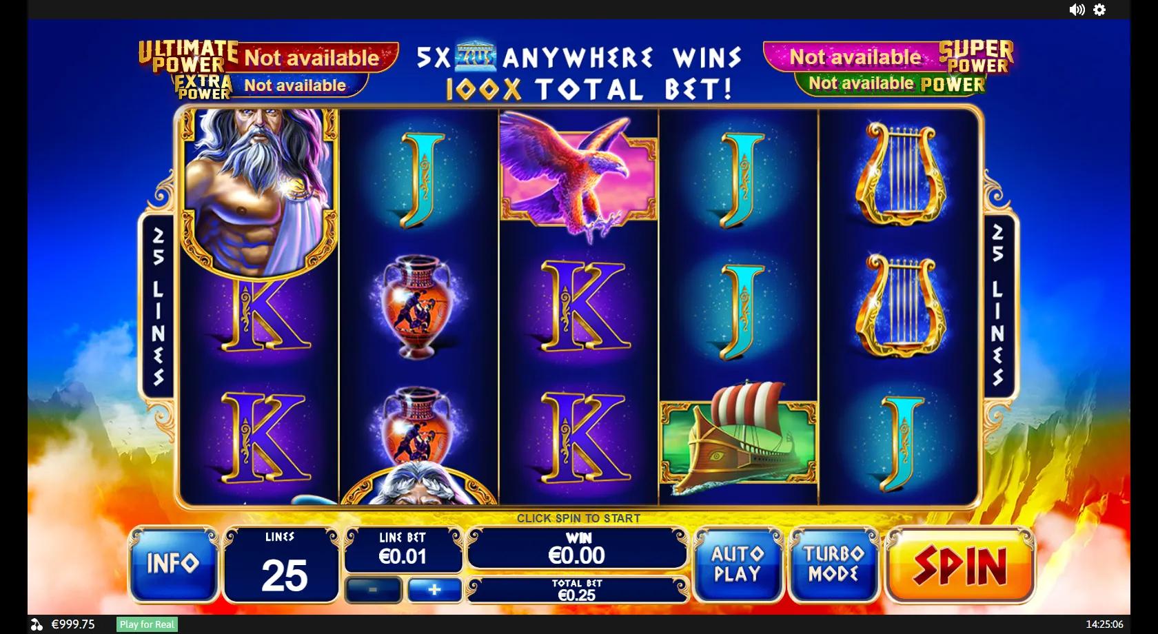Age of the Gods King of Olympus gameplay showing 5x3 grid with Zeus temple wild, Pegasus and eagle symbols on 25 paylines