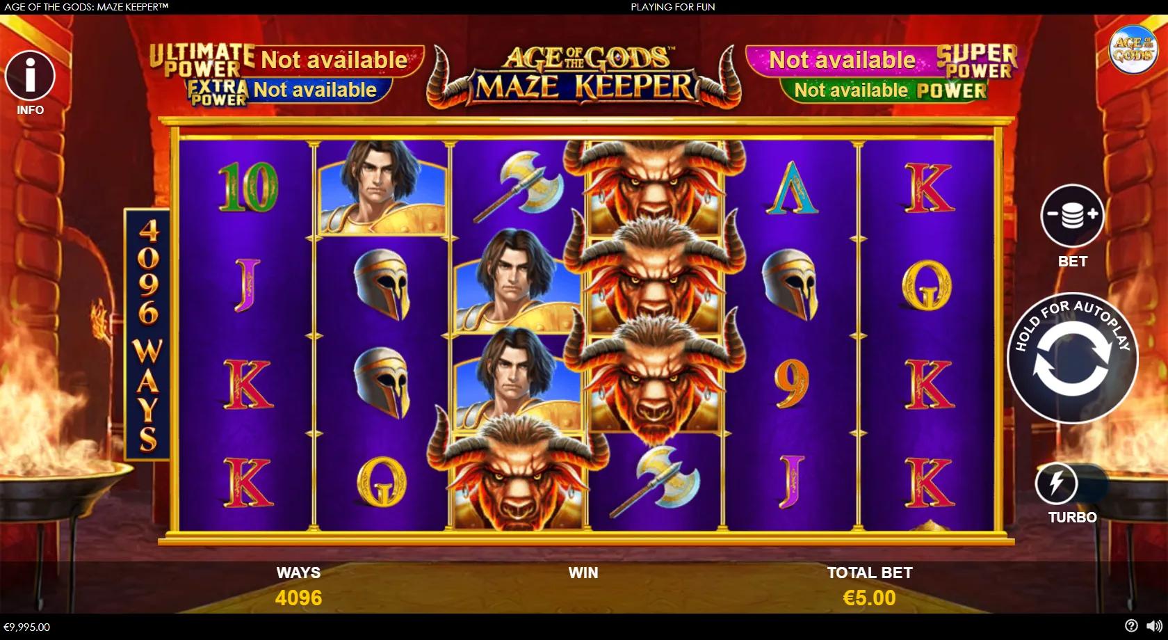 Age of the Gods Maze Keeper gameplay showing 6x4 reels with 4096 ways, Minotaur and goddess symbols and jackpots