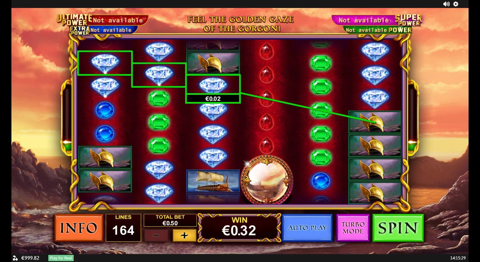 Age of the Gods Medusa & Monsters gameplay showing 6-reel grid with mermaid, Minotaur, helmet and gems on 164 paylines
