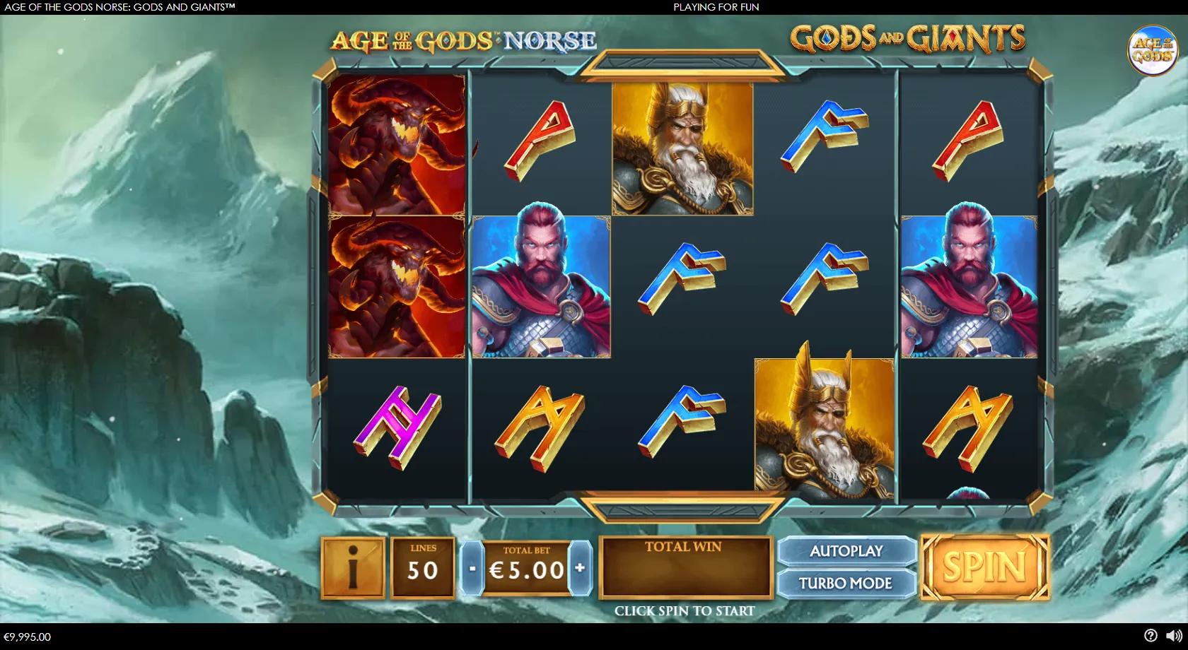 Age of the Gods Norse Gods and Giants gameplay showing 5x3 grid with giant Odin, Surtr and serpent big symbols on 50 lines
