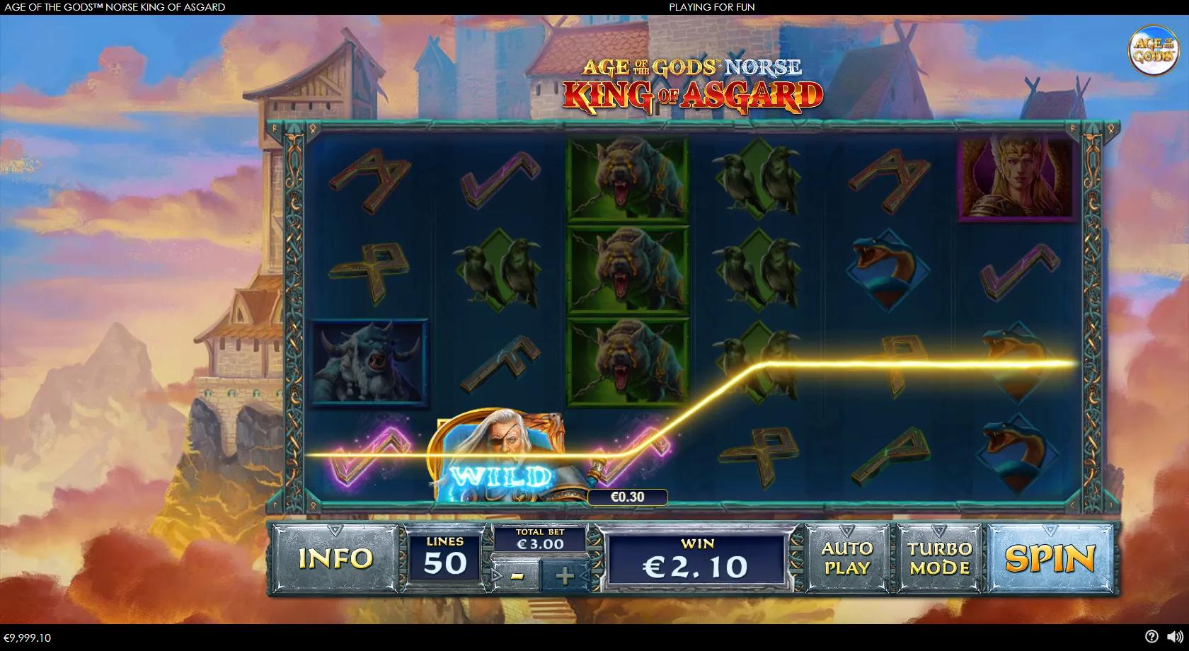 Age of the Gods Norse King of Asgard gameplay showing 6x4 grid with stacked Odin wild, Loki, Valkyrie and Fenrir on 50 lines