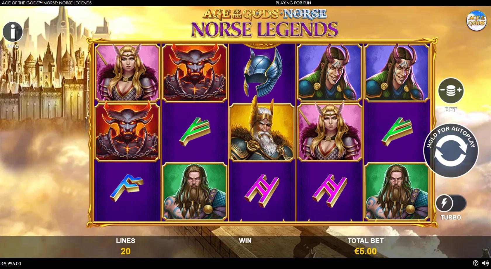 Age of the Gods Norse Norse Legends slot gameplay showing 5x3 grid with Odin, Thor, Loki and Valkyrie symbols on 20 lines