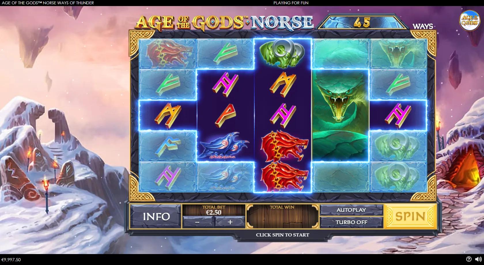 Age of the Gods Norse Ways of Thunder gameplay showing 5x5 grid with Thor, Midgard serpent and Mjolnir wild on up to 3125 ways