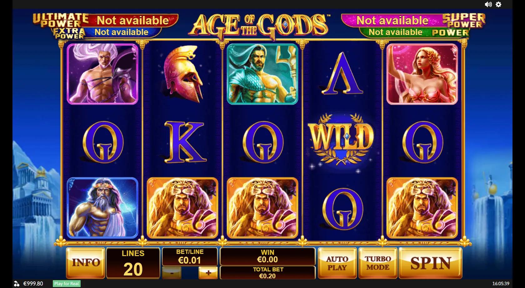 Age of the Gods gameplay showing 5x3 grid with Zeus, Poseidon, Aphrodite and Hercules symbols and the scatter on 20 lines