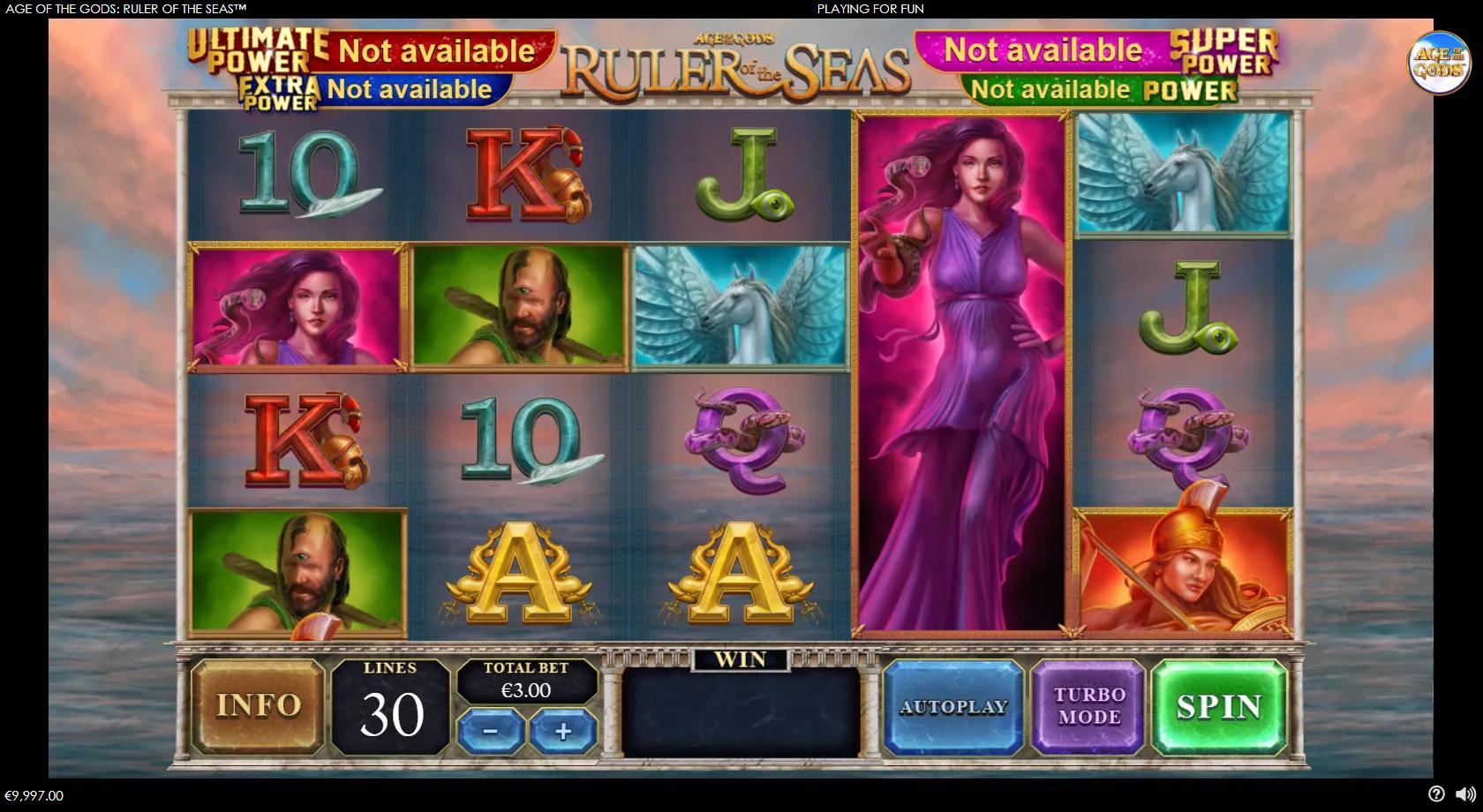 Age of the Gods Ruler of the Seas slot gameplay showing 5x3 grid with Poseidon, Medusa, Pegasus and WILD symbols on 30 lines
