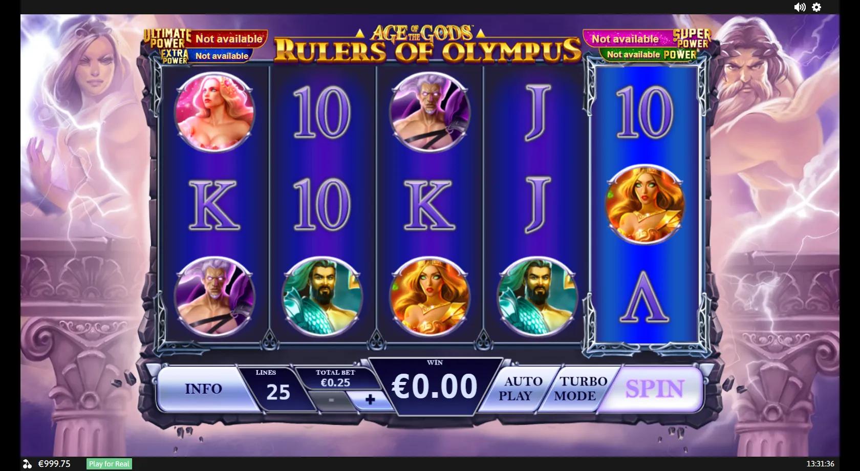 Age of the Gods Rulers of Olympus gameplay showing 5x3 grid with Greek god symbols, Zeus, Hera and four jackpot banners
