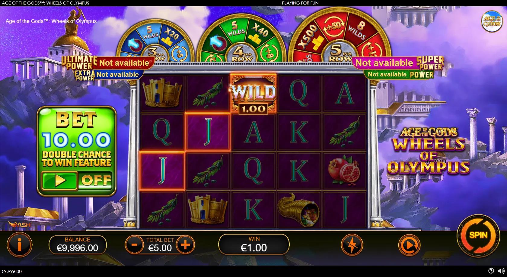 Age of the Gods Wheels of Olympus gameplay showing 5x4 grid with cash wild, Greek symbols and three Olympus prize wheels