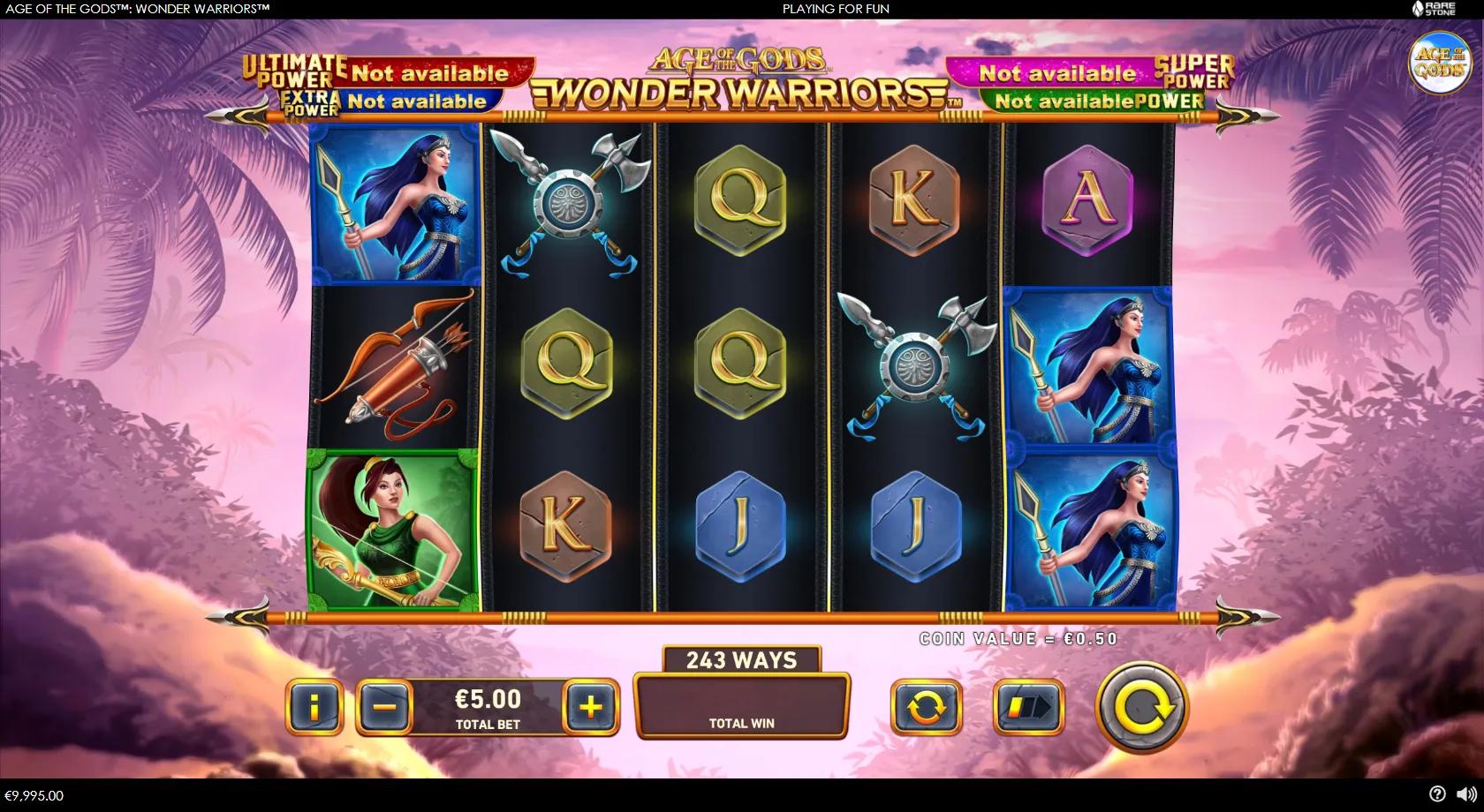 Age of the Gods Wonder Warriors gameplay showing 5-reel variable-ways grid with warrior women and four jackpot banners