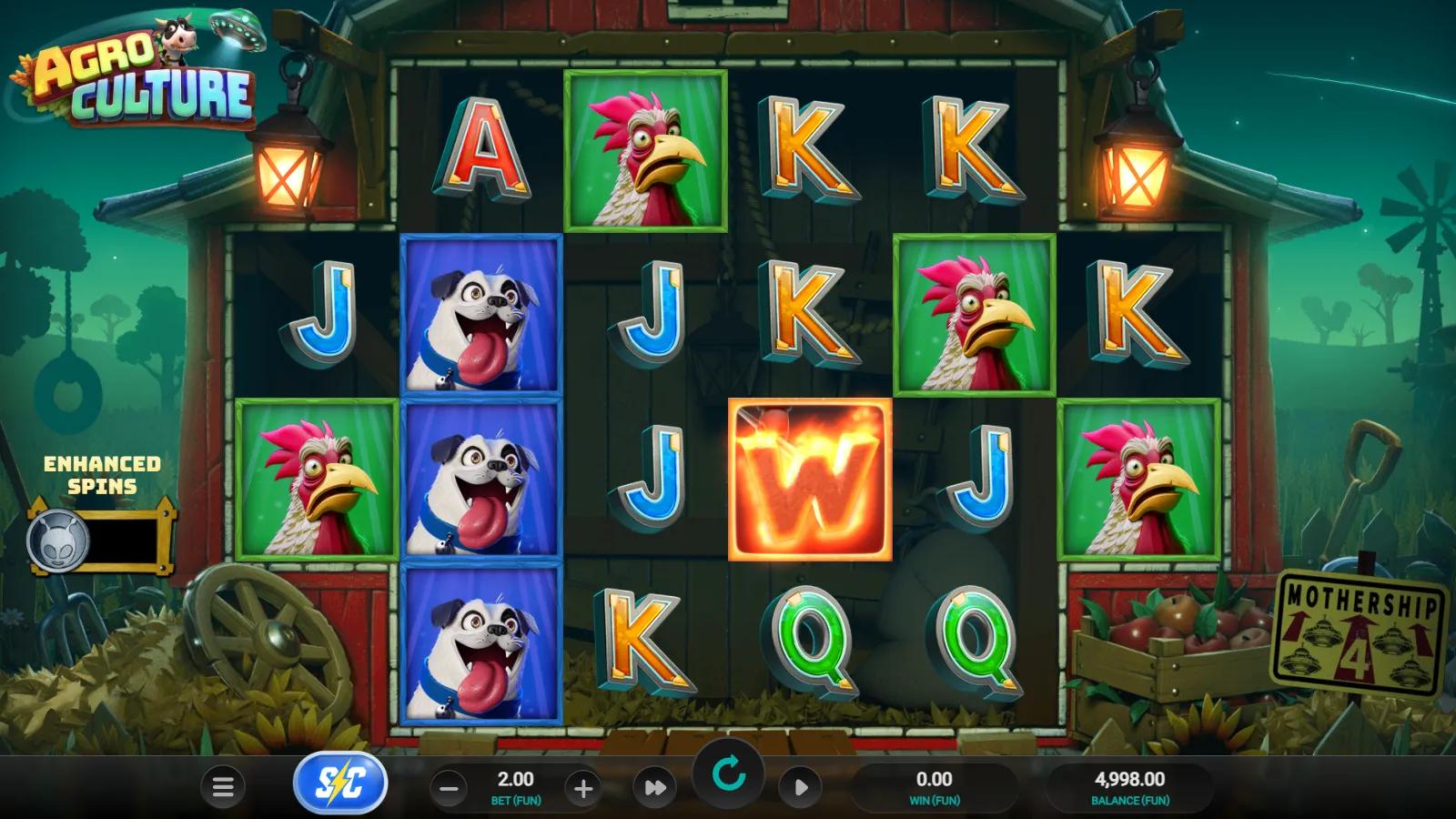 AgroCulture slot gameplay showing 6-reel 2-4-4-4-4-2 1024-ways grid with a flaming Abduction Wild