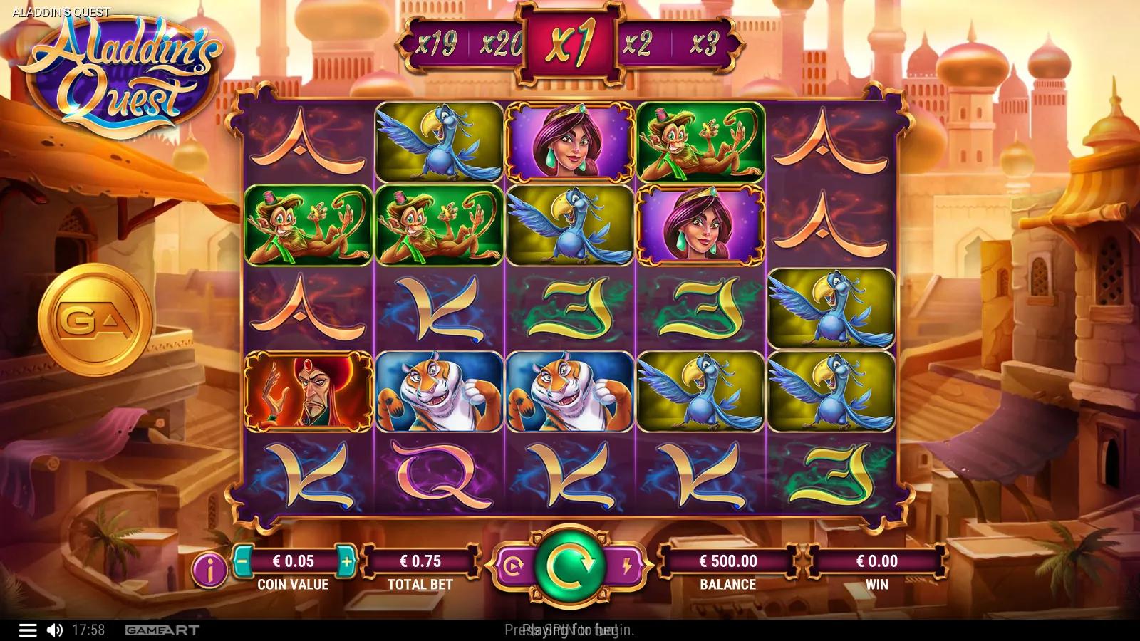 Aladdin's Quest slot gameplay showing the 5x5 Arabian grid with Aladdin, Jasmine, monkey and a win-multiplier ladder