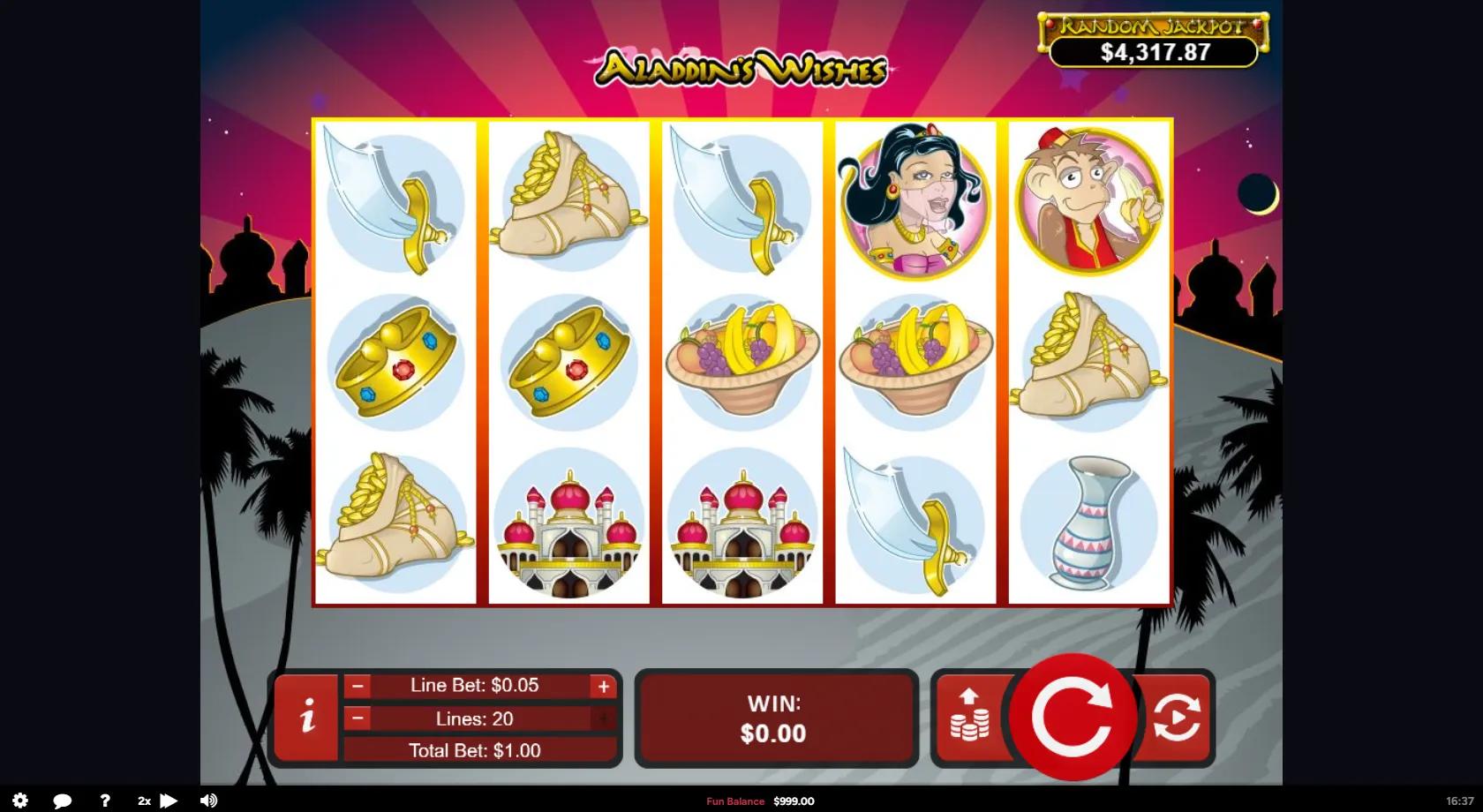 Aladdin's Wishes slot gameplay screenshot