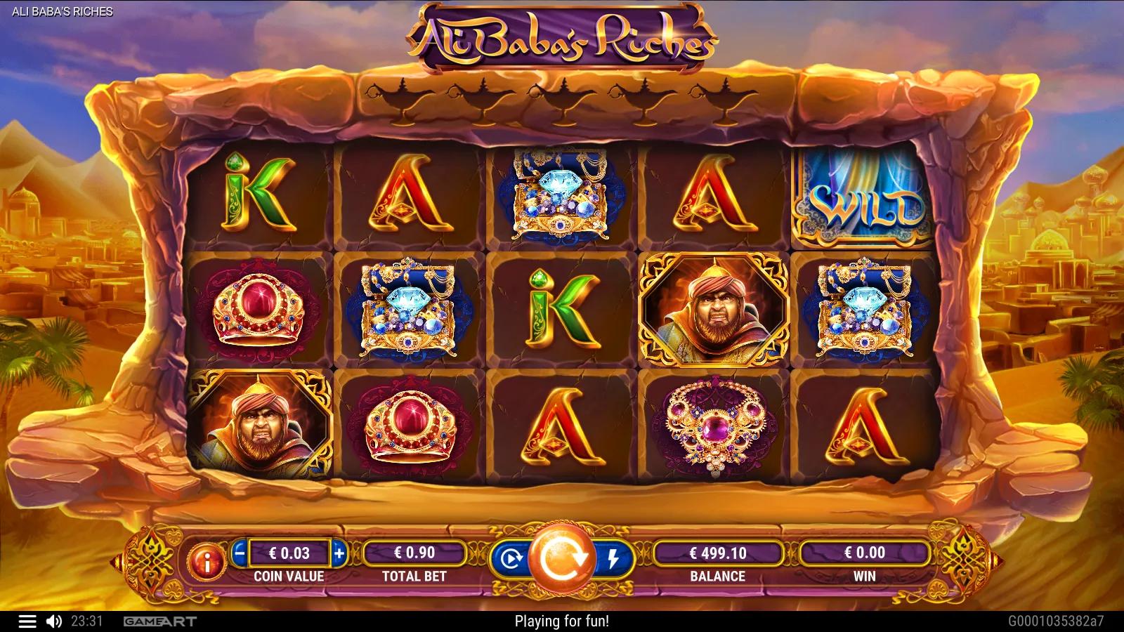 Ali Baba's Riches slot gameplay showing the 5x3 reels with an Ali Baba thief, crown, necklace and gem treasure symbols