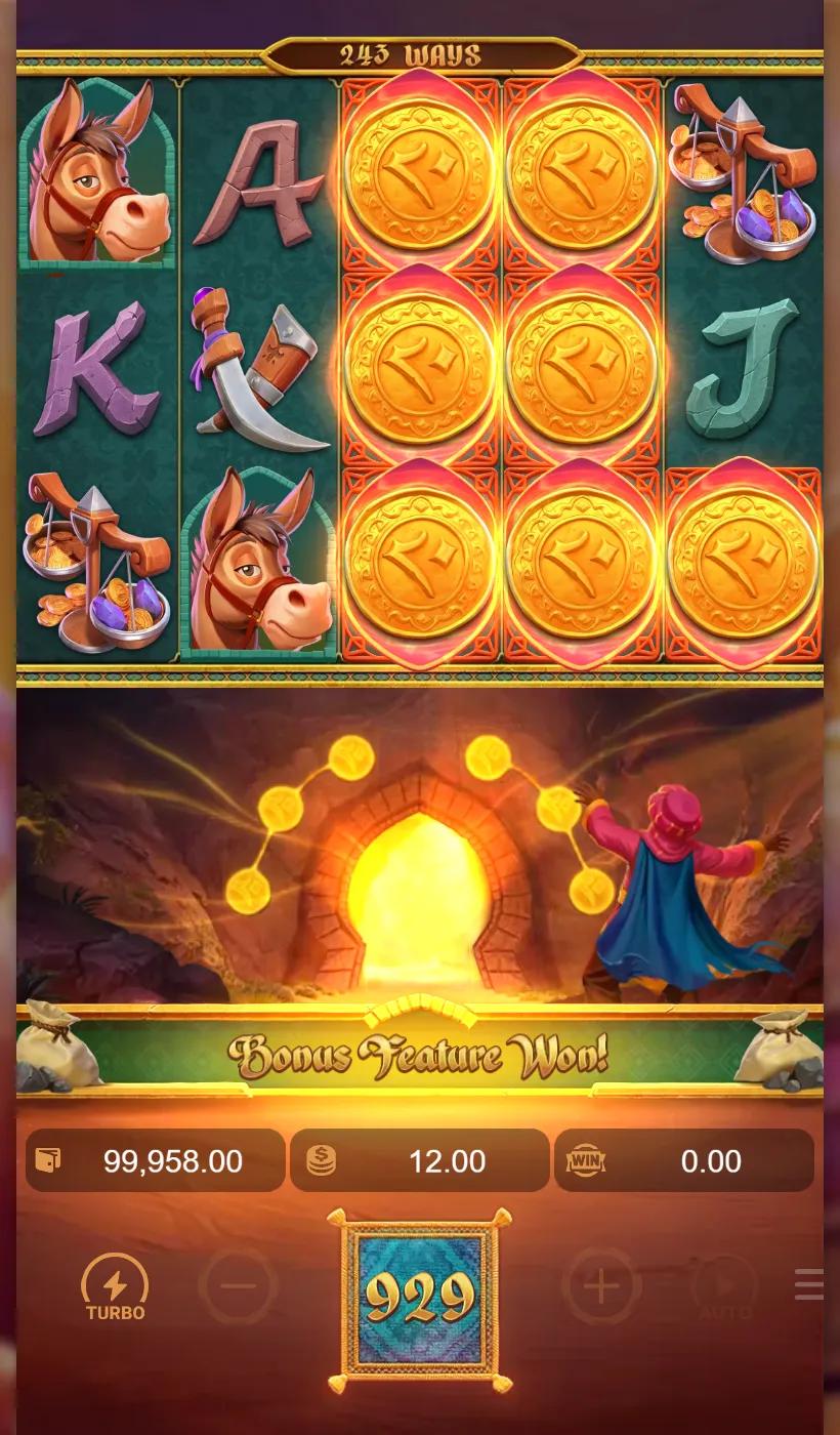 Alibaba's Cave of Fortune seven coins triggering the Bonus Feature