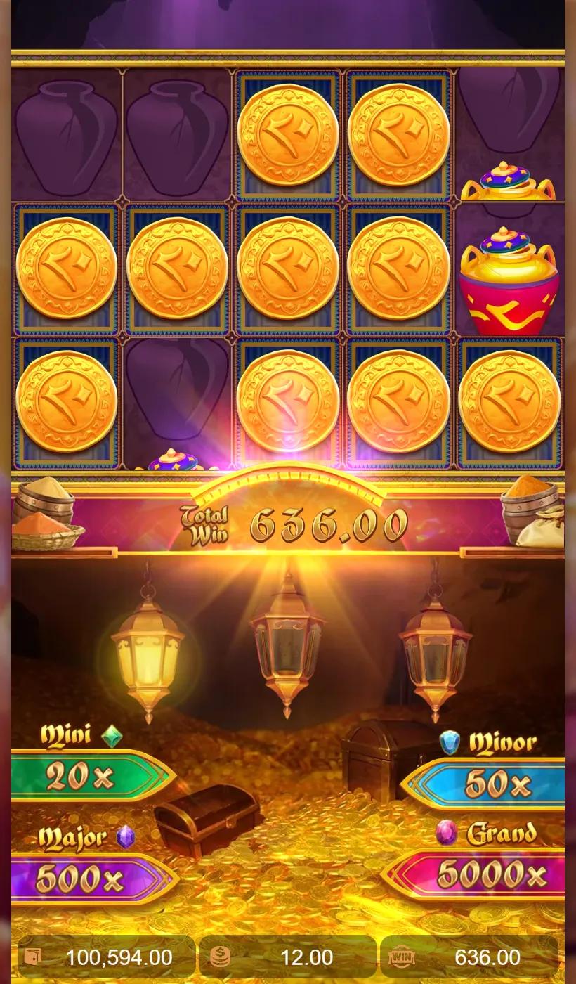 Alibaba's Cave of Fortune bonus round at a total win of 636.00