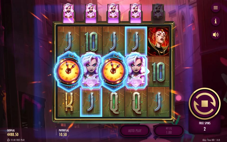 Alice Time Rift Bonus Game: two pocket-watch Time Rifts and two Alice symbols locked on the middle row of reels 1 to 4 during a Sticky Respin, steampunk Wonderland backdrop
