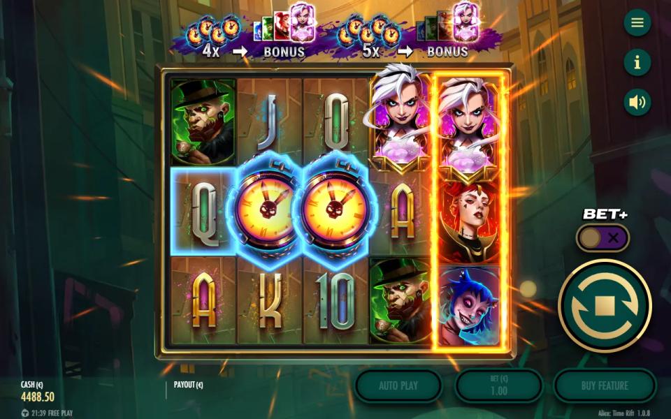 Two Time Rifts on reels 2 and 3 with a banner above the reels showing four watches for a character bonus and five for an Alice bonus