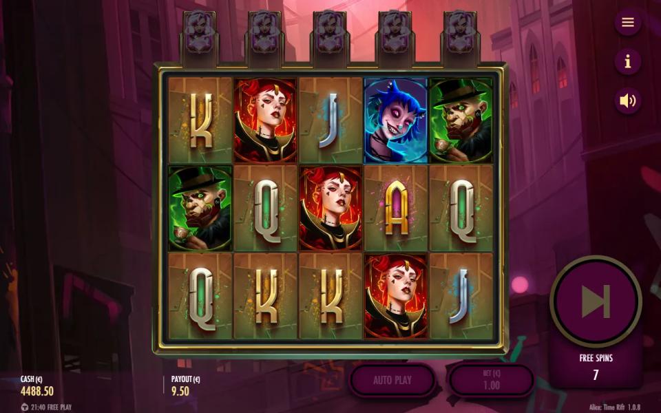 A free spin in the pink Bonus Game scene with no Alice on the reels and all five Alice slots above the reels unlit