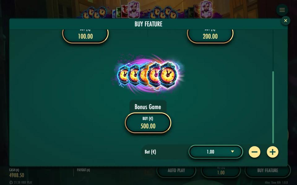 Buy Feature panel showing the Bonus Game with five Time Rift icons priced at 500 times the bet