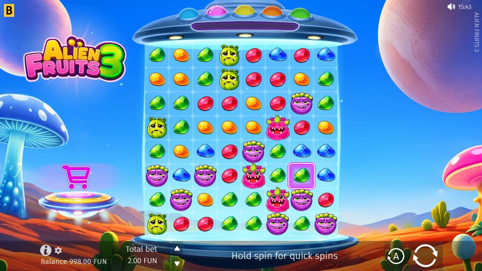 Alien Fruits 3 slot gameplay showing 7x7 cluster pays grid with cartoon alien and candy symbols