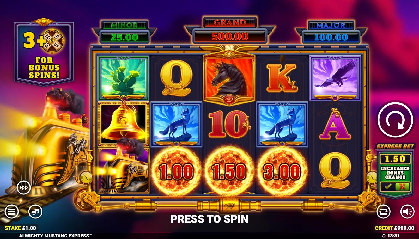 Almighty Mustang Express slot showing 5x3 Wild West grid with horse Wild, Cash Prizes and three jackpot pots above reels