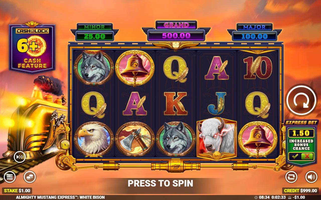 Almighty Mustang Express White Bison slot 5x3 reels with a winning tomahawk line below the three cashpot meters